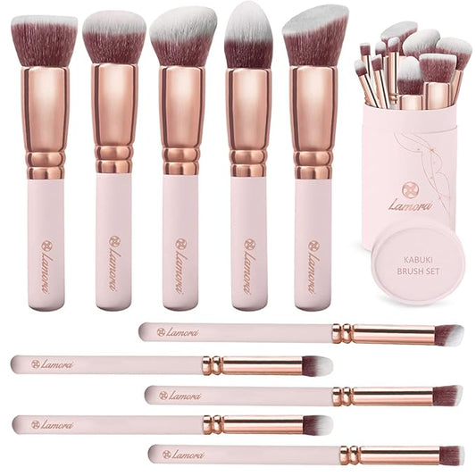 Kabuki Makeup Brush Set - Foundation Powder Blush Concealer Contour Brushes - Perfect for Liquid, Cream or Mineral Products - 10 Pc Collection with Premium Synthetic Bristles for Eye and Face Cosmetic