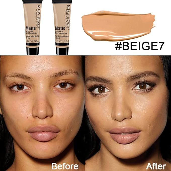 2 Pack Liquid Foundation Cream for Face Makeup,Durable Full Coverage Matte Concealer Make Up,Oil Control & Waterproof Base Primer -1+1 Fl.Oz (BEIGE 7#)
