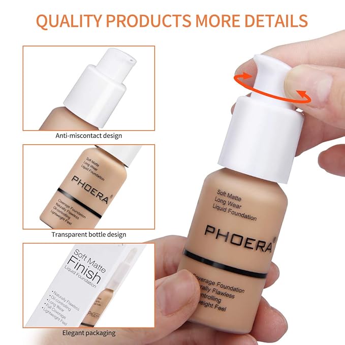 PHOERA Foundation Makeup Naturally Liquid Foundation Full Coverage Mattle Oil-Control Concealer 8 Colors Optional,Great Choice For Gift (2pcs,#104 Buff Beige)