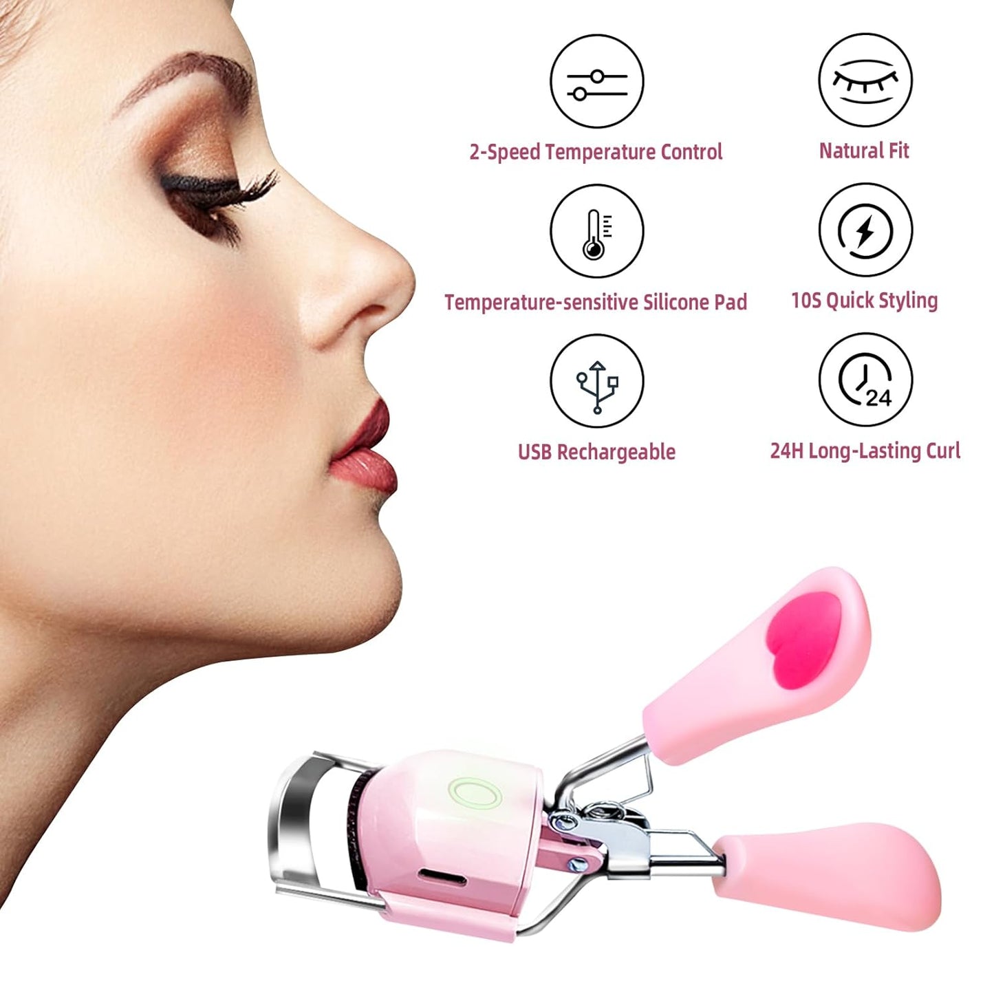 Pinkiou Heated Eyelash Curler for Women USB Rechargeable Lash Curler Long Lasting Ironing Electric Eyelash Curler with Silcone Pad Replacable Great Makeup Tools for Her