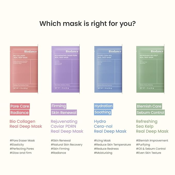 BIODANCE Refreshing Sea kelp Real Deep Mask, Overnight Hydrogel Mask, Calming, Oil & Sebum Control, Blemish Care, Korean Skincare, Stocking Stuffers for Teen Girls | 1.19oz(34g) x 4ea