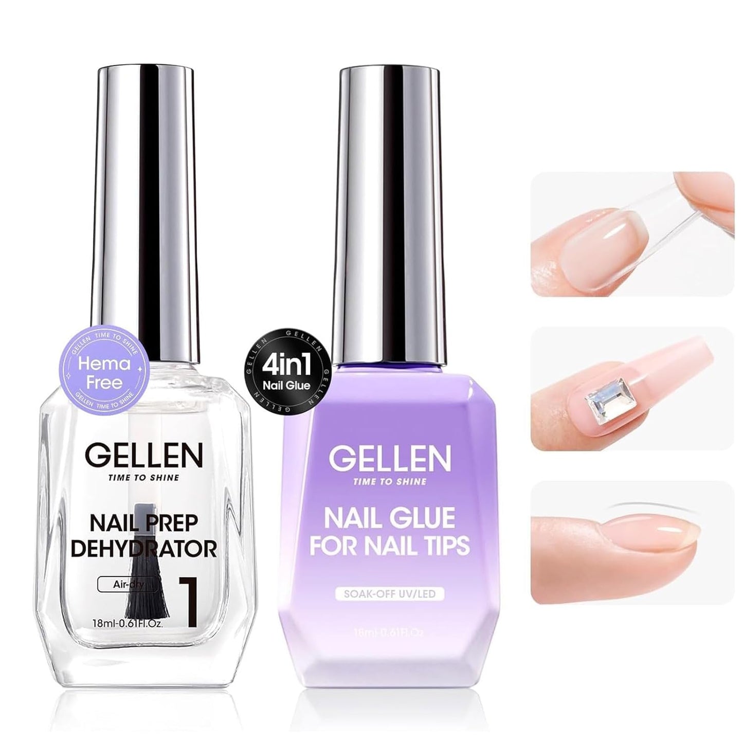 Gellen 18ML Nail Glue Gel and Nail Prep Dehydrator, 4 in 1 Soak Off LED UV Glue for False & Acrylic & Clear Press on Nails, Long Lasting for 28+ Days