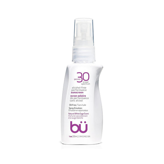 BU SPF 30 Sunscreen Spray for Face and Body, Non Aerosol Spray, TSA Travel Size Sunblock, Clear, Non Greasy, Water Resistant, White Sage 1 oz
