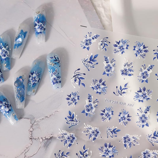 5D Embossed Nail Stickers Flower Nail Art Stickers Decals Self-Adhesive Floral Nail Supplies Blue Floral Leaf Nail Art Design Decorations Nail Art Decals for Women