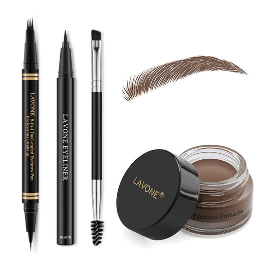 Eyebrow Pen Makeup Kit, with 4 Tip Waterproof Microblading Eyebrow Pencil, Eyeliner, Eyebrow Pomade and Dual-ended Eyebrow Brush, Brow Pencil Eyebrow Kit for Natural Looking - Dark Brown