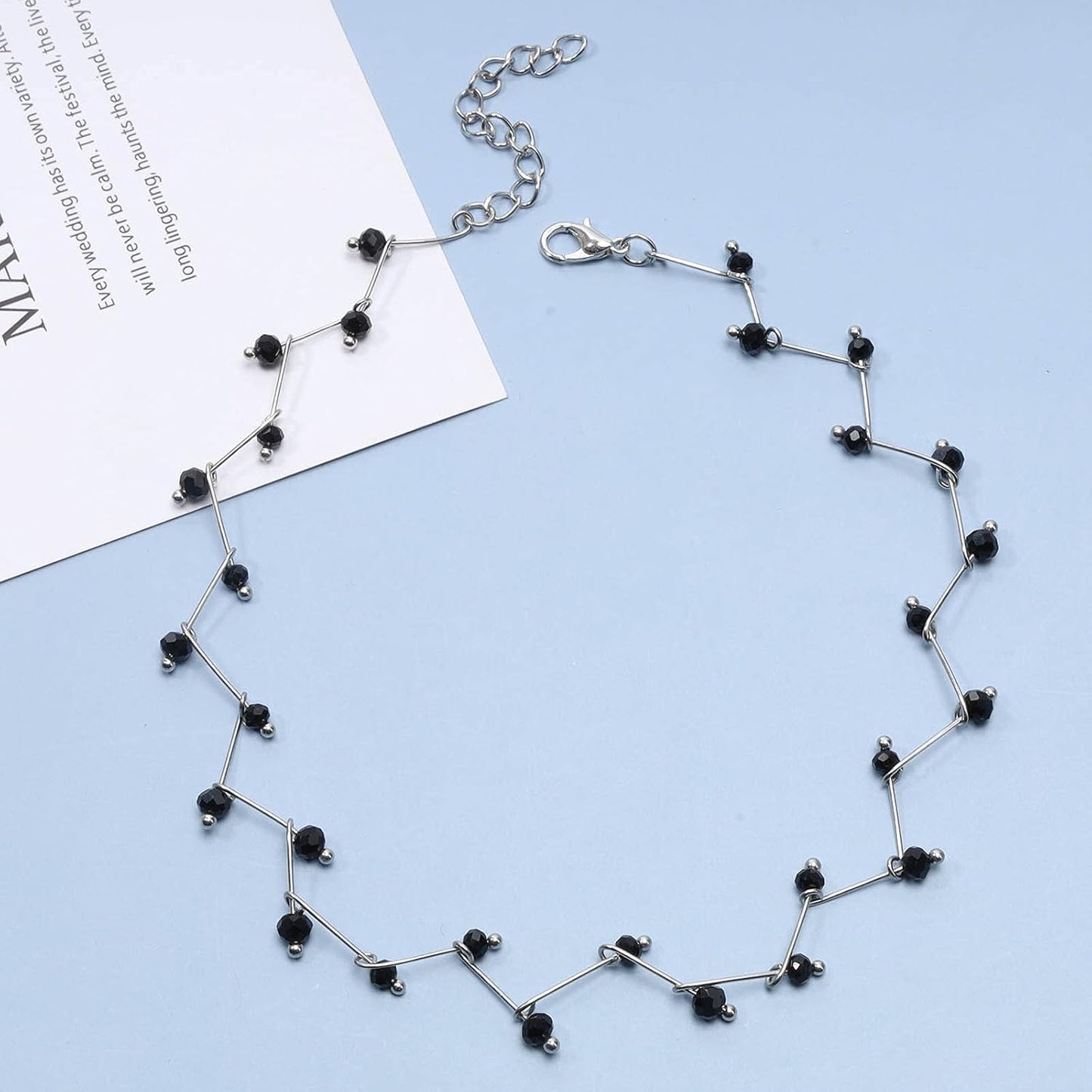 Black Crystal Choker Necklace Short Black Beaded Choker Necklace Silver Chain Necklace Minimalist Necklace Jewelry for Women and Girls