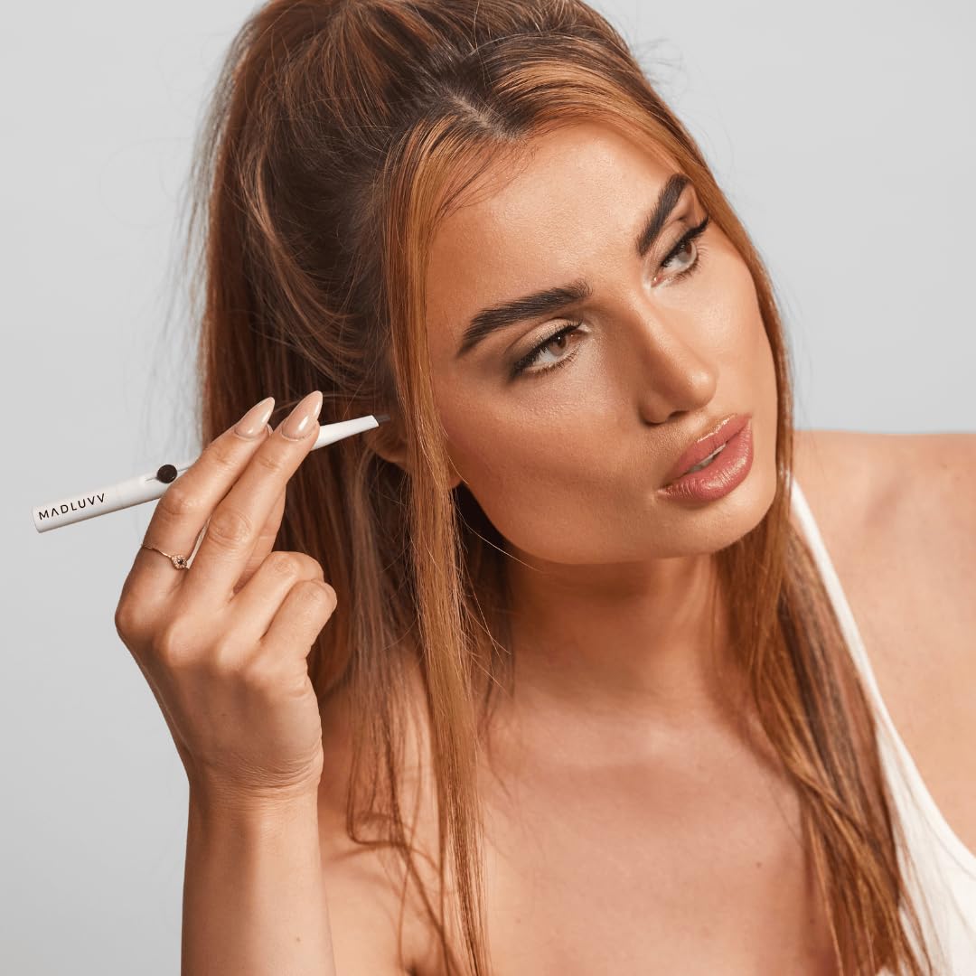 MADLUVV Exacto Brow Pencil for Flawless, Long Lasting, Realistic Brows with Dual-Ended Design Featuring Retractable Blade Tip for Precise Hair Like Detail and Blending Brush - Nearly Black