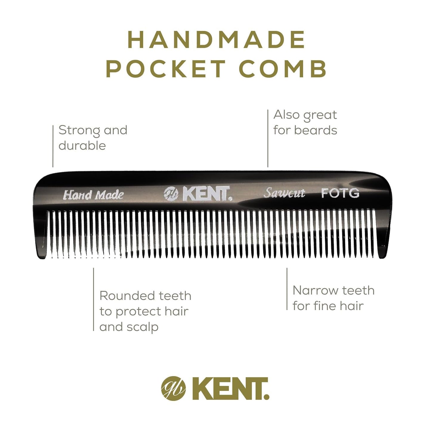 Kent A FOT Handmade Pocket Comb for Men, Women and Kids, All Fine Tooth Hair Comb Straightener for Everyday Grooming and Styling Hair, Beard and Mustache, Saw Cut and Hand Polished, Made in England