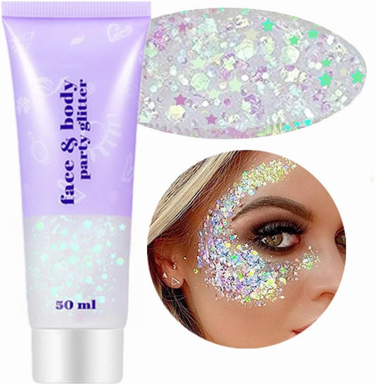 Go Ho Clear White Face Body Glitter - Party Flash Festival Rave Outfits for Women&Kids,Holographic Glitter White Face Paint,Halloween Mermaid Fairy Makeup Chunky Sequins Gel,Rave Pride Accessories