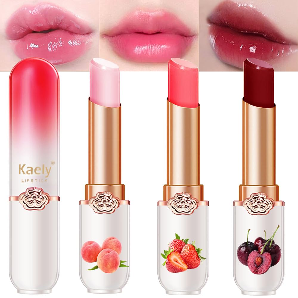 evpct 3Pcs Magic Color Changing Lipstick Long Lasting Waterproof 24 Hours Original for Women, Peach Strawberry Black Red Cherry Pink PH Mood Permanent Color Changing Lipstick Lip Balm, labial magico