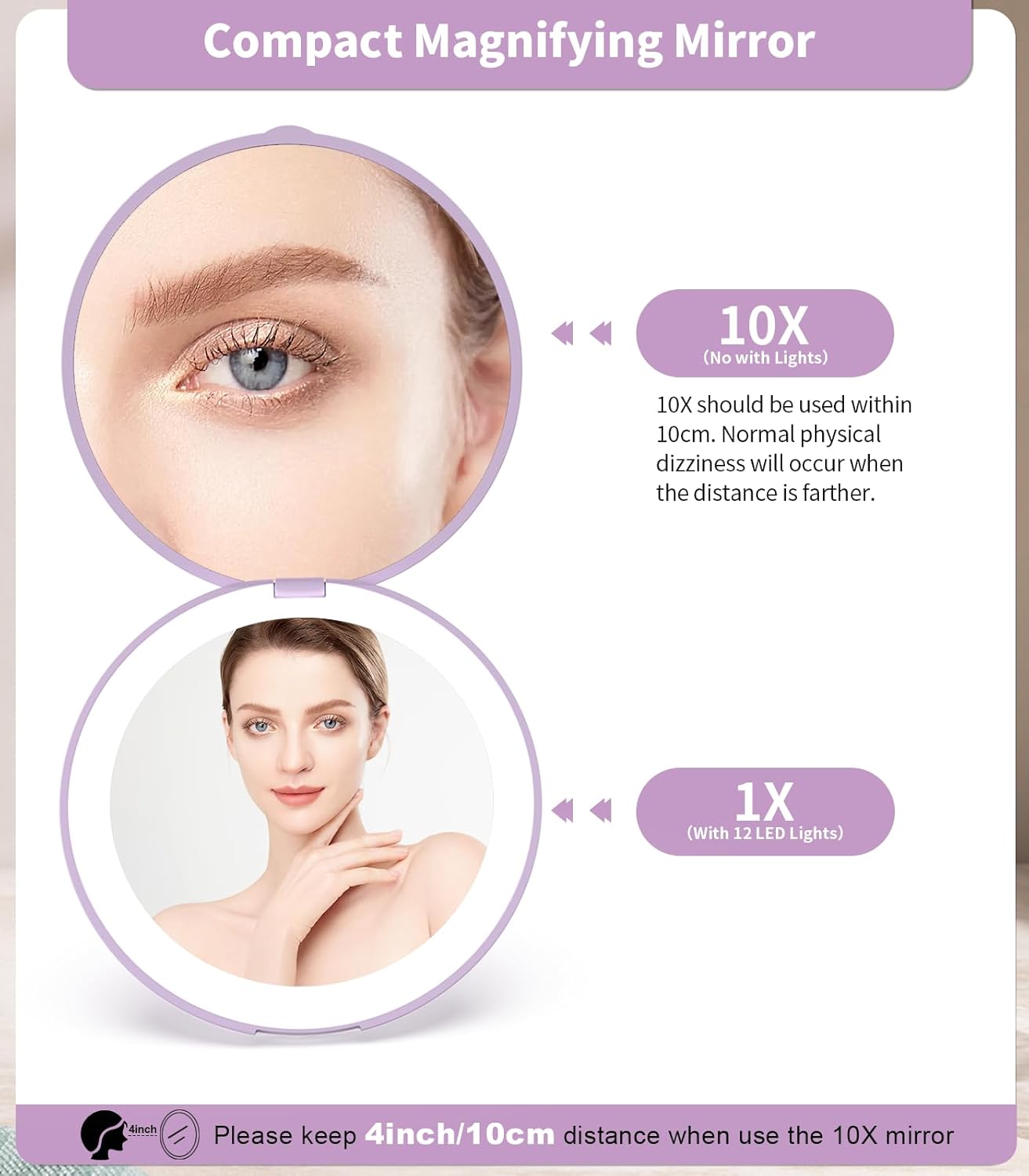 WOBSION Travel Compact Mirror,Portable 1x/10x LED Makeup Mirror with Magnification,Handheld 2-Sided Pocket Mirror, 3.5in Small Mirror for Purse,Handbag,Gift,Purple