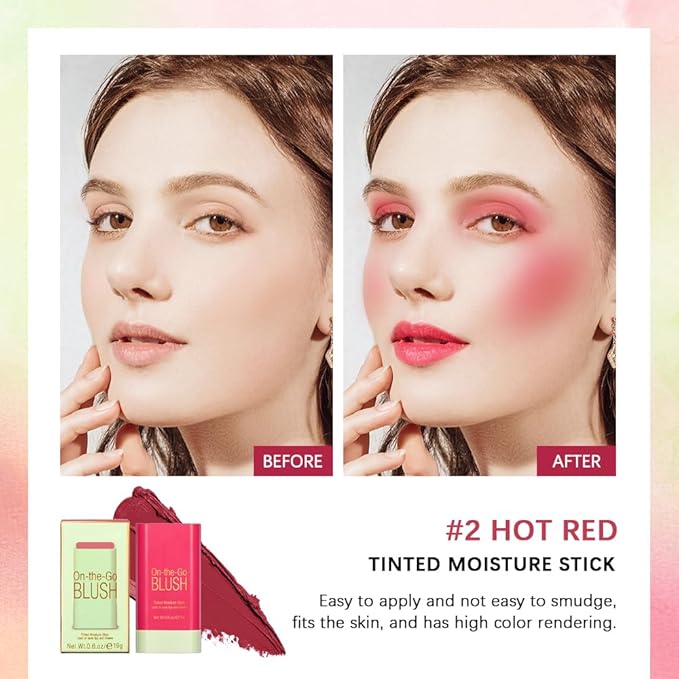 Soft Creamy Blush Stick,On-the-Go Blush,2-in-1 Cheek and Lip Tint,Waterproof Hydrating Solid Natural Moisture Smooth Blendable Matte Finish Face Blush Makeup,02 hot red