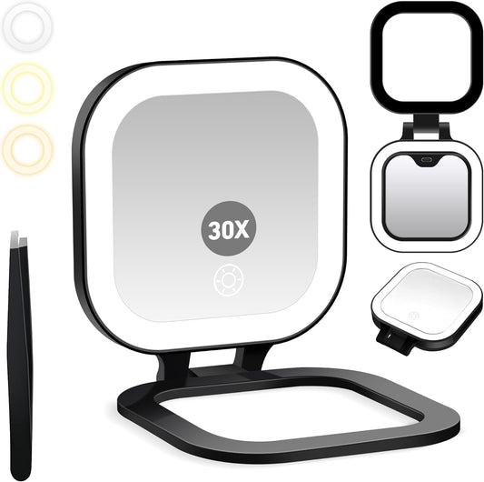 Travel Mirror with Light, 1x/30x Magnifying Mirror with 3 Color Lights and Adjustable Brightness, 4.5x3.9 inch Small Compact Hangable Hand Pocket 3 Way Mirrors, Comes with Tweezer