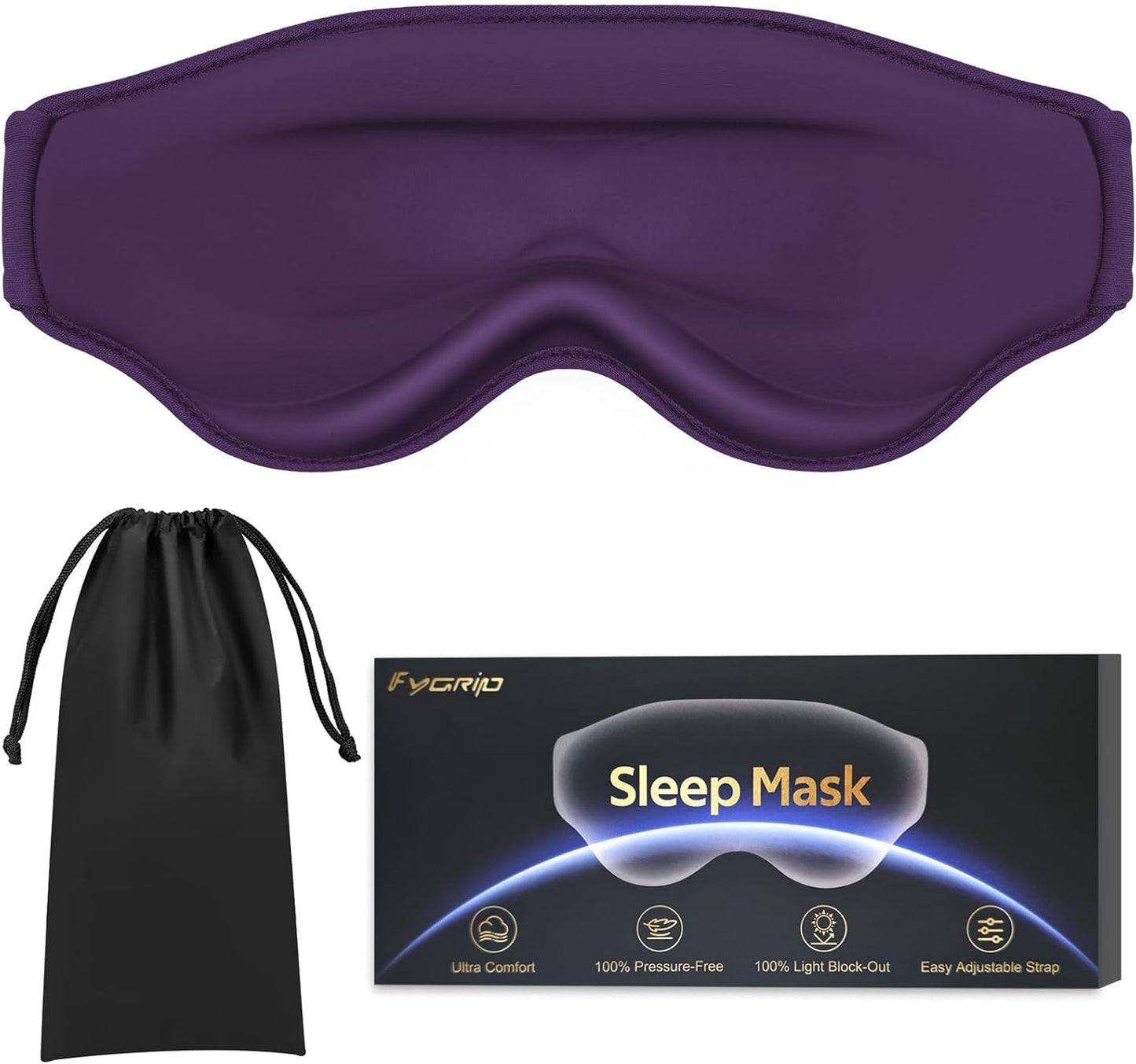 3D Cooling Eye Mask Sleep Mask for Men & Women, 100% Pressure-Free & Light Block-Out Eye Mask for Sleep with Easy Adjustable Strap, Night Eye Cover for Travel, Purple