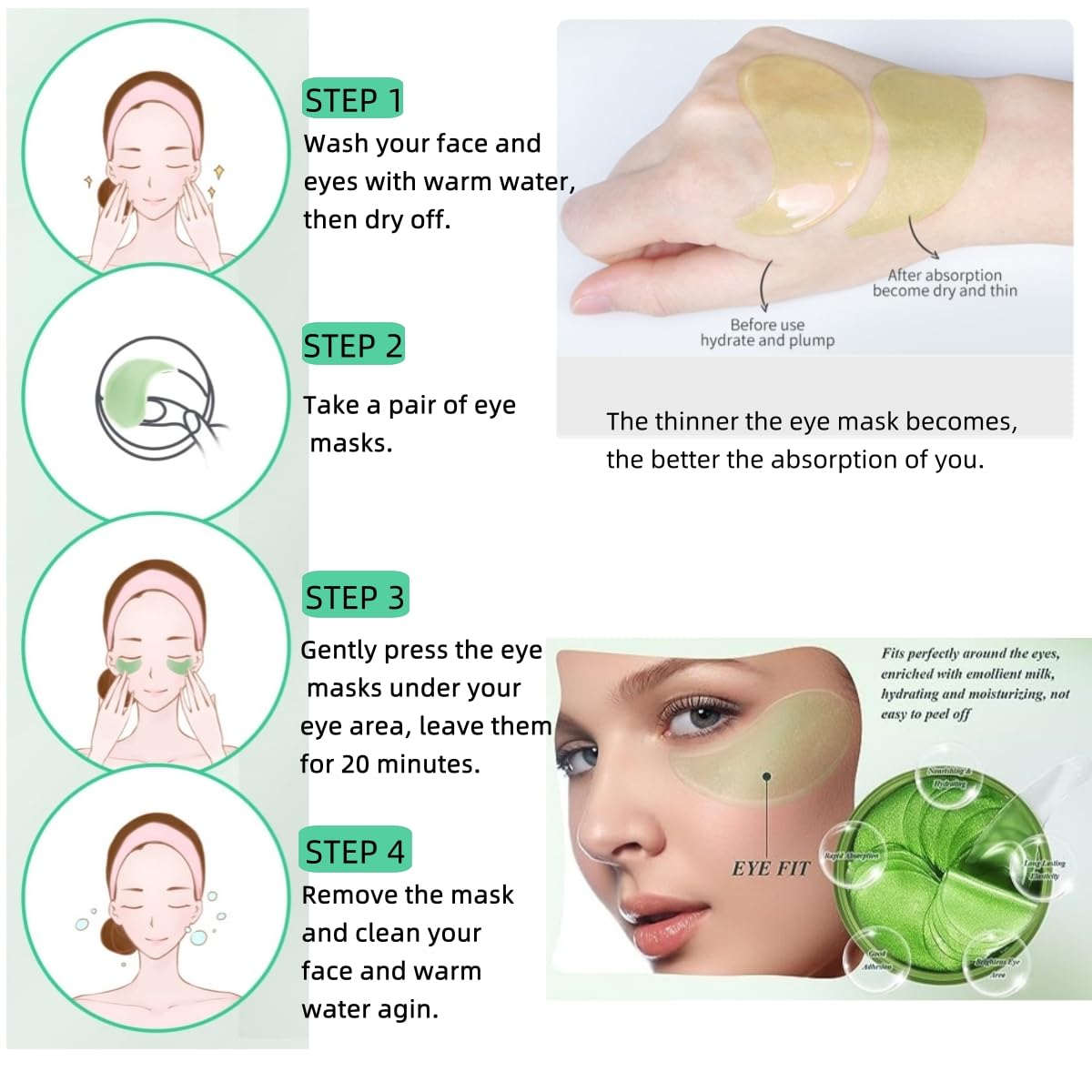 Eye Mask 60 Pcs, Under Eye Patches for Dark Circles and Puffiness, Lighten Fine Lines and Eye Bags,Water Replenishing Eye Treatment Mask (Aloe Vera Eye Mask)