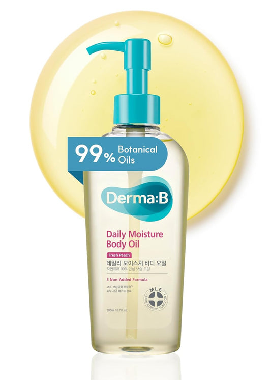 Derma B | Daily Moisture Body Oil | 99% Natural Argan & Sweet Almond Oil | Shower Oil for Dry Sensitive Skin | Light & Long-Lasting Hydration | Skin Body Care Oil with Peach Scent | 6.78 fl oz (200ml)