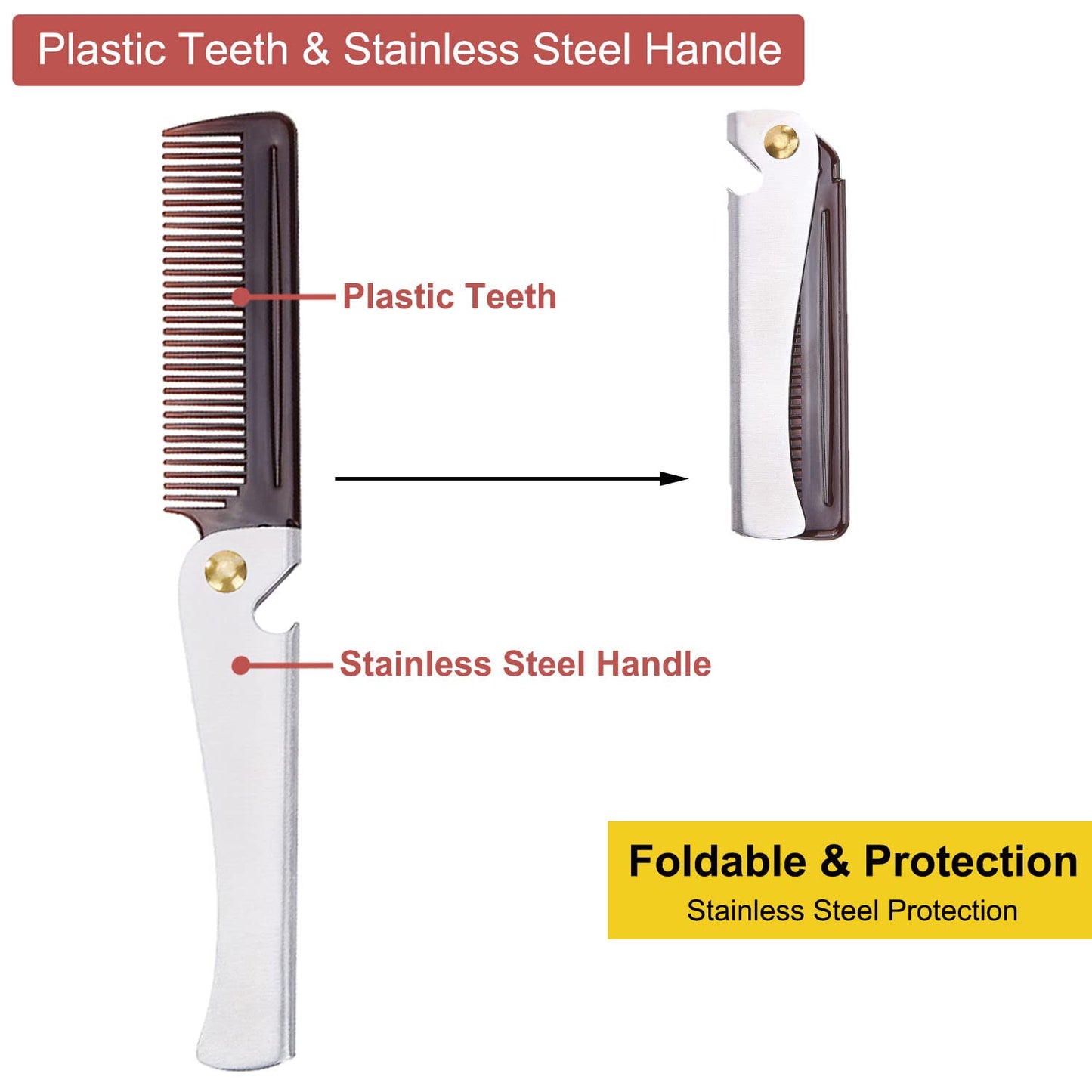 Stainless Steel Folding Comb, Pocket Comb for Men and Women, Silver