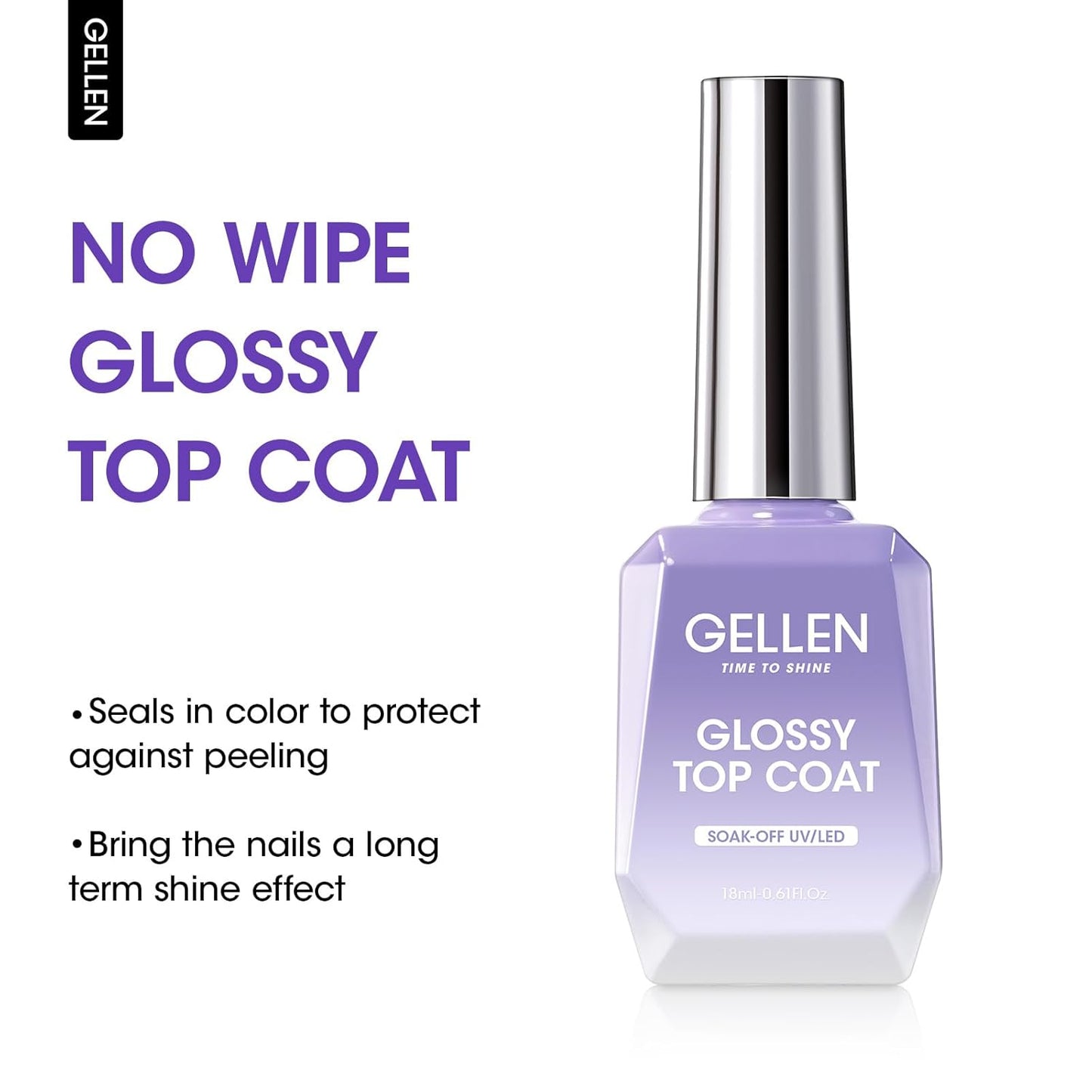 GELLEN Gel Top Coat Nail Polish- 18ml No Wipe Top Coat Gel Polish, High Gloss Shiny Long Lasting, Soak Off Nail Lamp for Home DIY and Nail Salon