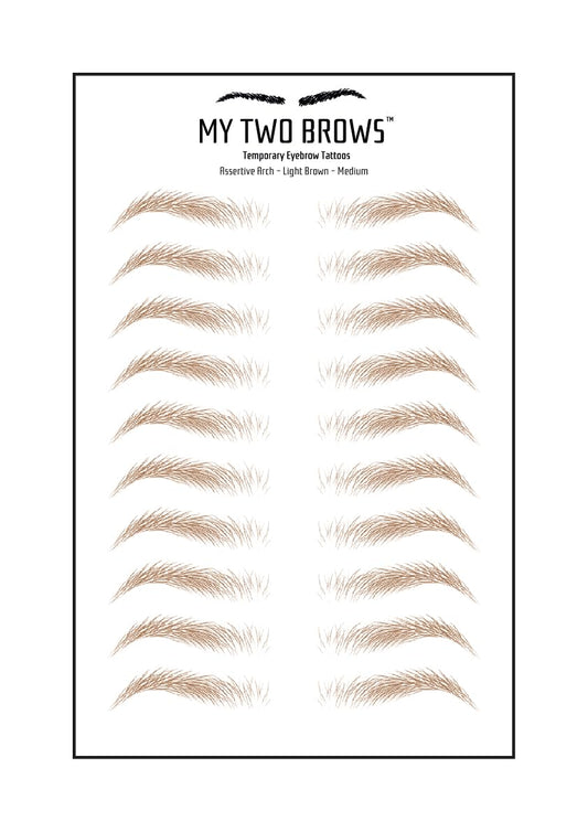 (10 pairs) Light Brown Temporary Eyebrow Tattoo - Medium Size - Waterproof & Smudgeproof - Assertive Arch Style Eyebrow Stickers - Sheet Lasts up to 30 Days - Won't Work on Existing Brows