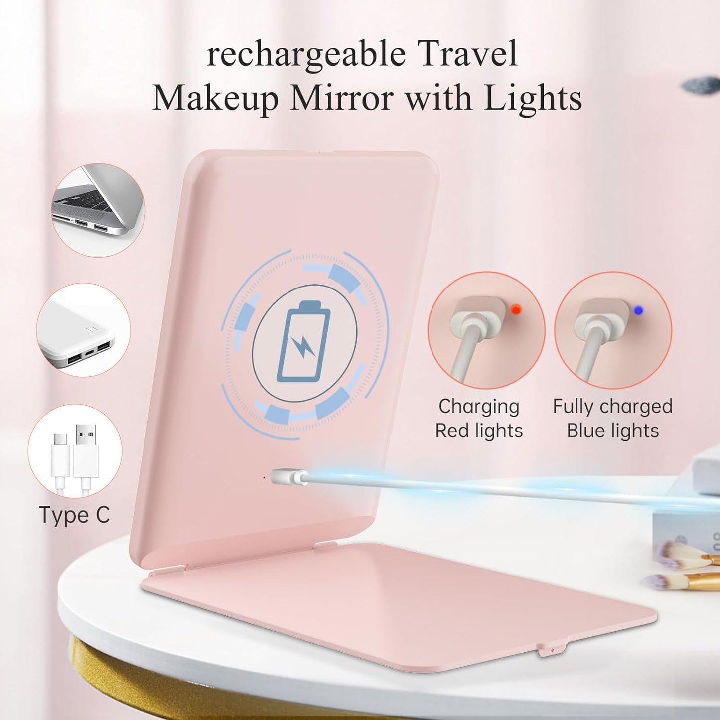 FUNTOUCH Rechargeable Travel Makeup Mirror with 72 Led Lights, Portable Lighted Makeup Mirror, 3 Color Lighting, Dimmable Touch Screen, Type C, Tabletop LED Folding Cosmetic Vanity Mirror (Pink)