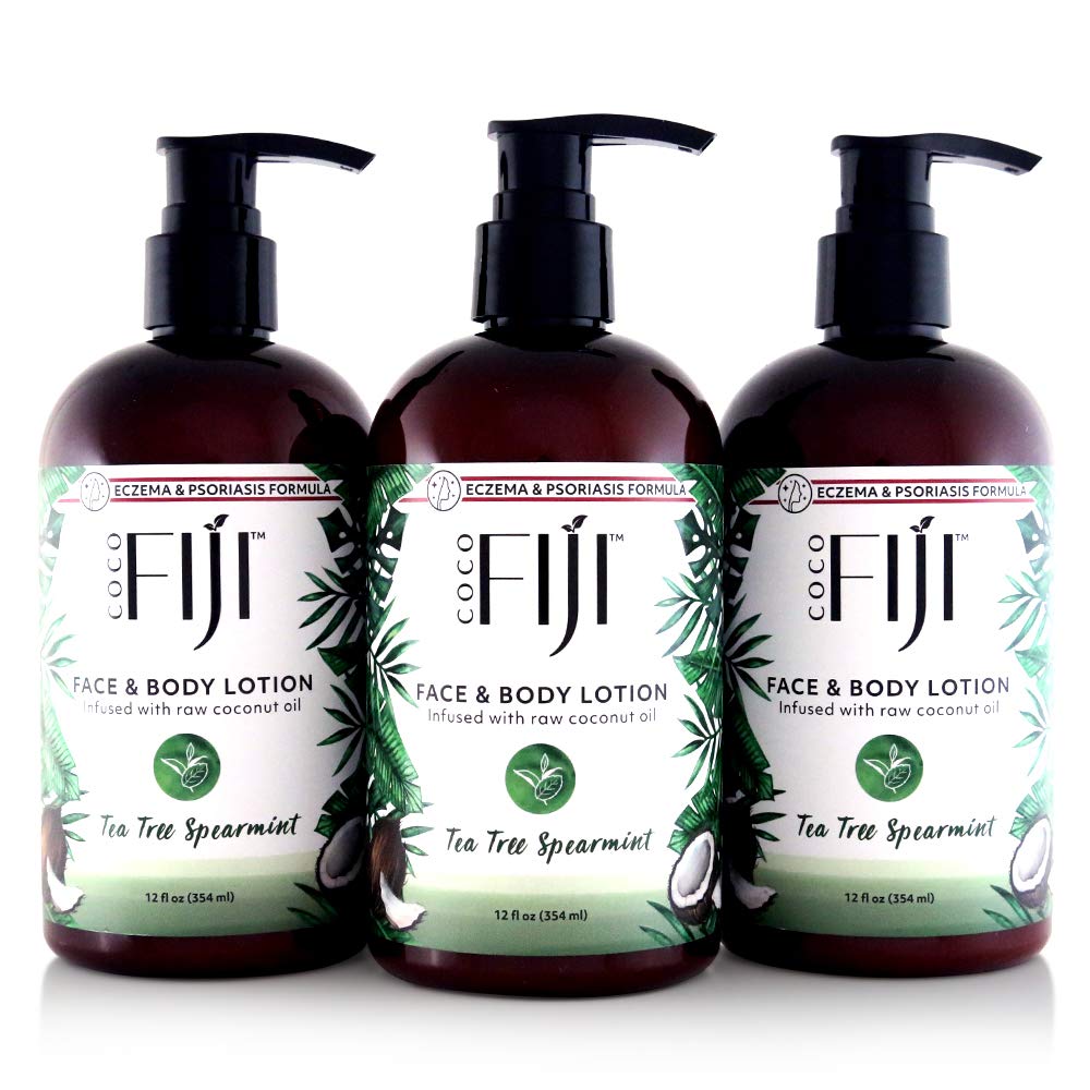 Coco Fiji Face & Body Lotion Infused With Coconut Oil | Lotion for Dry Skin | Moisturizer Face Cream & Massage Lotion for Women & Men | Tea Tree Spearmint 12 oz, Pack of 3