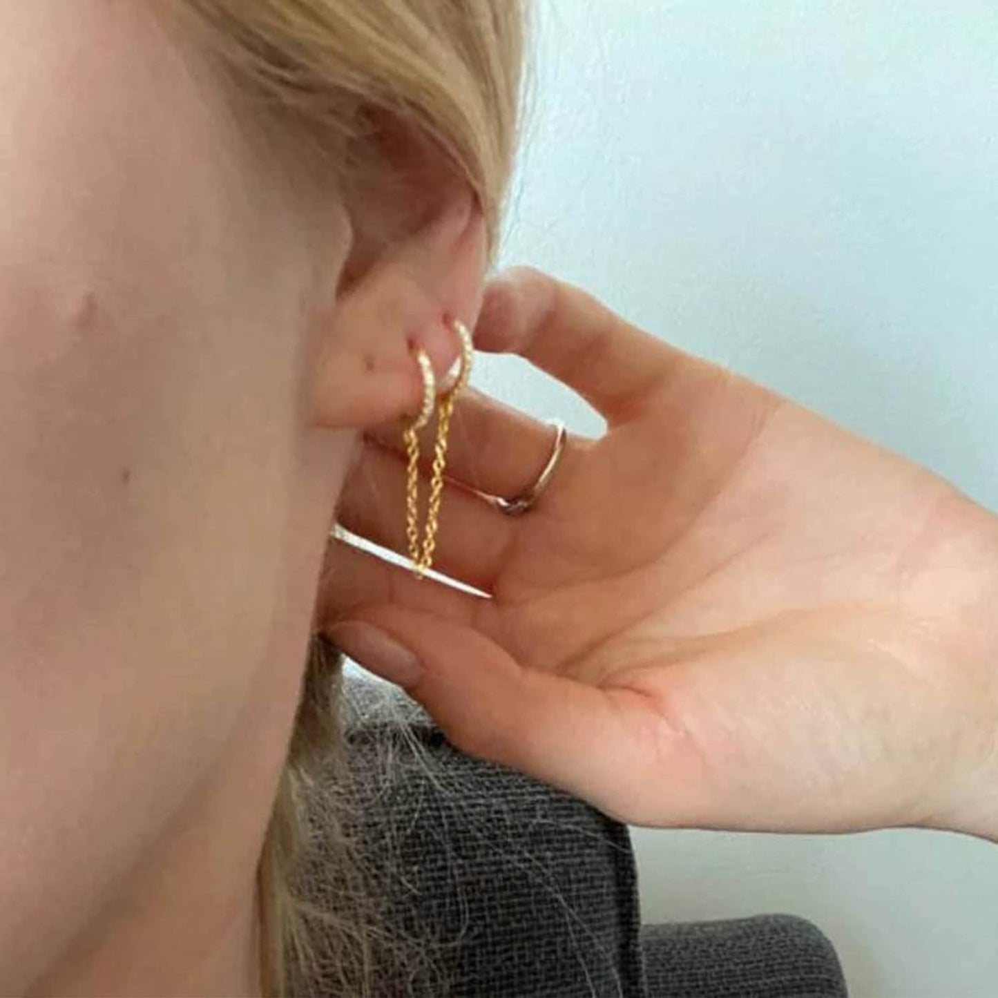 Boho Double Chain Hoop Earrings Gold Cz Hoop Chain Earrings Punk Dangle Chain Earrings Rhinestone Huggies Studs Earrings Jewelry for Women and Girls Gifts