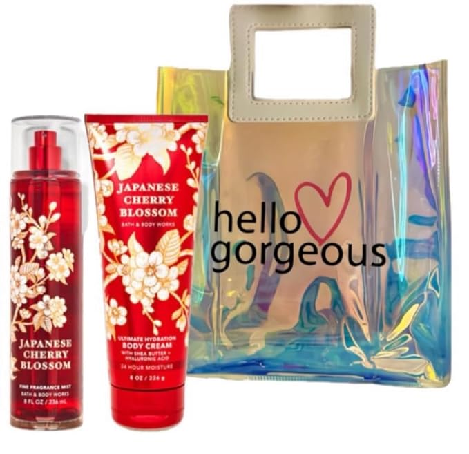 White Barn - Bath and Body Works - Gift Set 2 Piece Bundle - with Gift Bag HELLO GORGEOUS (Japanese Cherry Blossom)