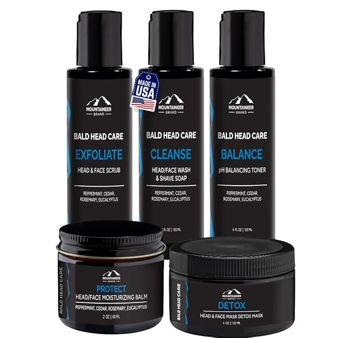 Mountaineer Brand Ultimate Bald Head Care Gifts Bundle For Men | All Natural 5 Step Skin Care for Healthy Scalp & Face | Exfoliate Scrub | Cleanse Wash | Shine Away | Moisturizing Balm | Detox
