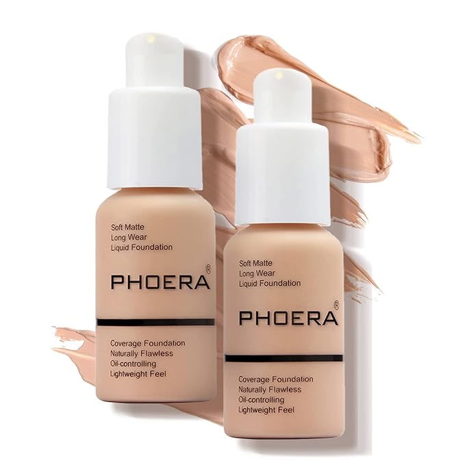 PHOERA Foundation Makeup Naturally Liquid Foundation Full Coverage Mattle Oil-Control Concealer 8 Colors Optional,Great Choice For Gift (2pcs,#103 Warm Peach)