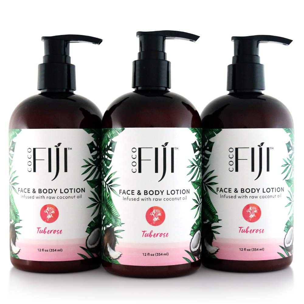 Coco Fiji Face & Body Lotion Infused With Coconut Oil | Lotion for Dry Skin | Moisturizer Face Cream & Massage Lotion for Women & Men |Tuberose 12 ozPack of 3