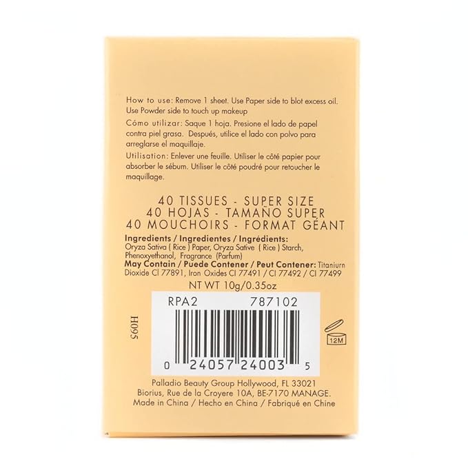 Palladio Rice Paper Facial Tissues for Oily Skin, Face Blotting Sheets Made from Natural Rice, Oil Absorbing Paper with Rice Powder, 2 Sided, Instant Results, Translucent, 40 Count, Pack of 6