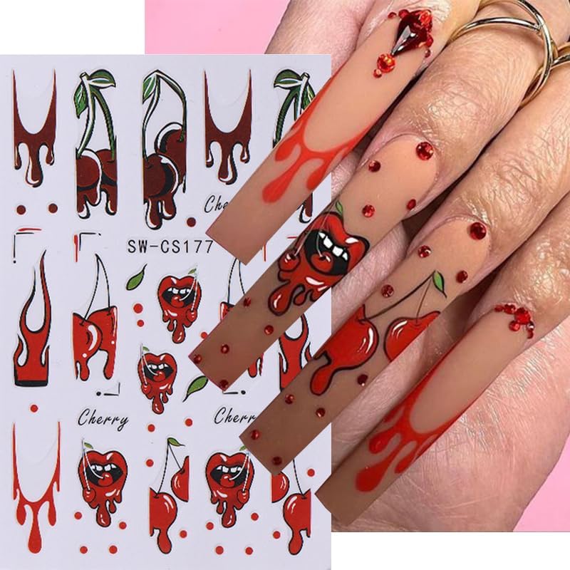 Halloween Nail Art Stickers 8 Sheets Cute Ghost Pink Pumpkin 3D Self-Adhesive Nail Decals Blood Chilli Cherry Designs ScorpionNail Decorations Halloween DIY Manicure Supplies for Women Girls&Kids