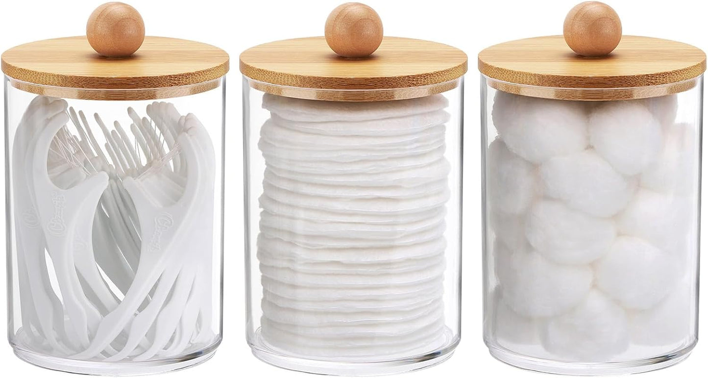 Tbestmax 10 Oz Cotton Swab/Ball/Pad Holder, Qtip Apothecary Jar, Clear Bathroom Containers Dispenser for Storage 3 Pack Wood Lids