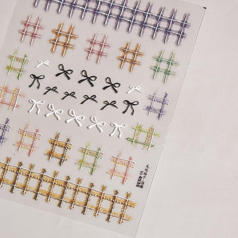Colorful Grid Bow Nail Art Stickers 3D Embossed Fall Winter Nail Stickers, Self-Adhesive Durable Nail Art Decals for Women Girls, Nail Wraps Decoration Manicure for DIY Acrylic Nail Accessories