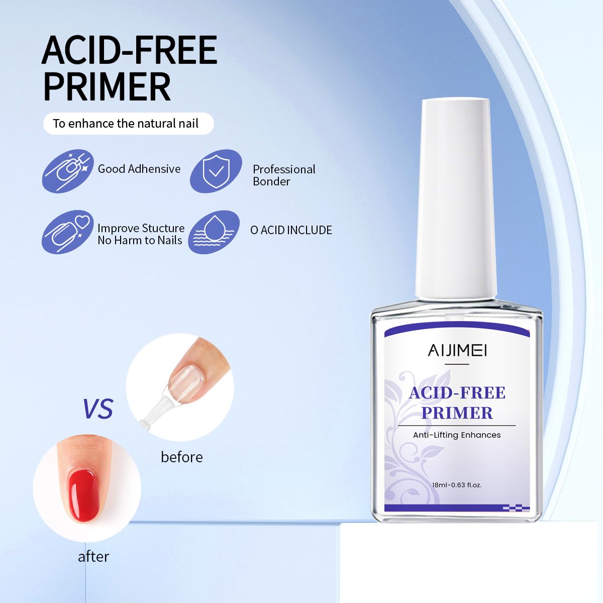 AIJIMEI Acid Free Primer 18ml/0.63fl.oz Acid Free Peel Adhesive Primer, Suitable For Gel Nail Polish, Nail Polish And Acrylic Powder Diy Nail Products In Home Salon