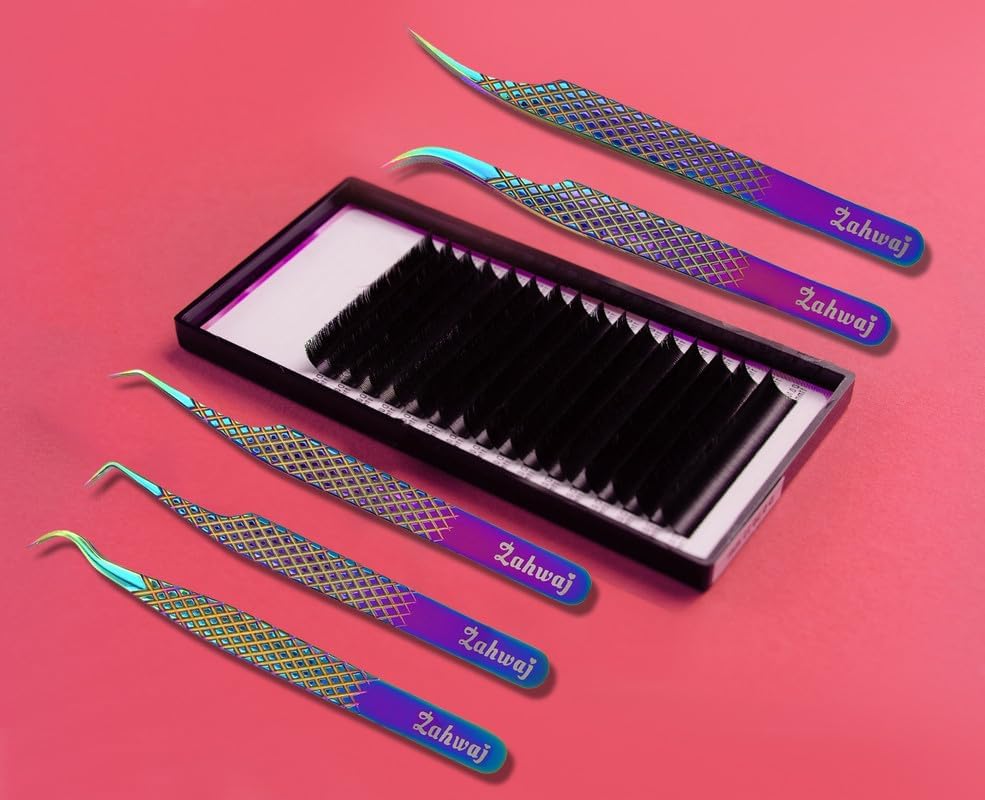 Lash Tweezers - Set of 5 Diamond Grip Eyelash Tweezers - Stainless Steel Professional Fiber Tip Lash Tweezer for Eyelash Extensions (Rainbow)