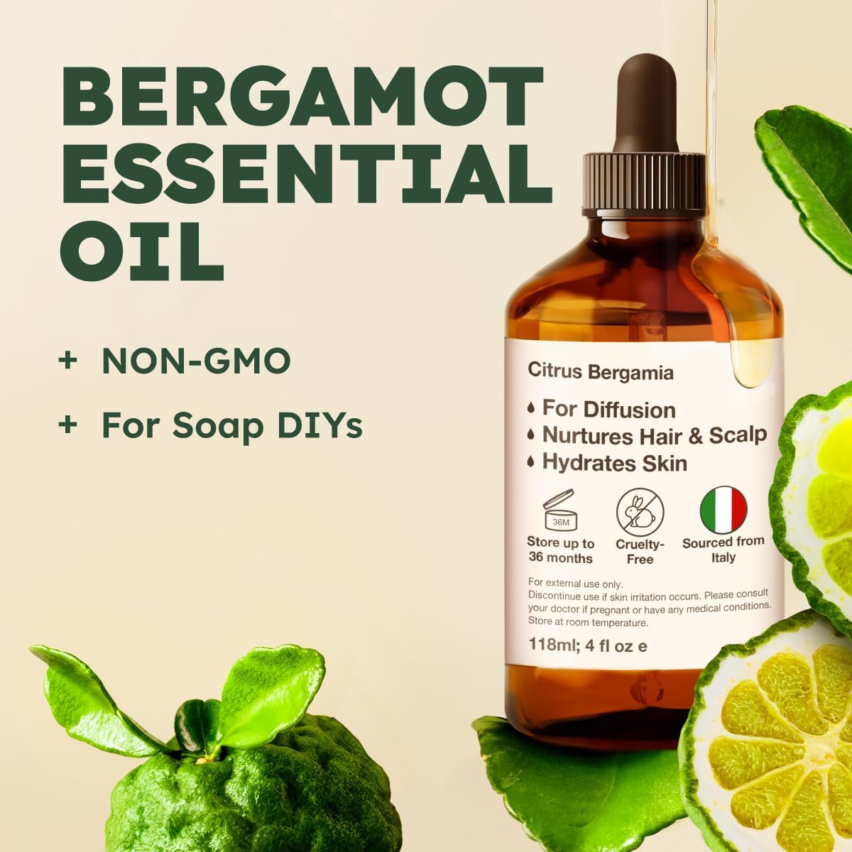 Kukka Bergamot Essential Oil for Diffuser and Skin - 4 Fl Oz - Bergamot Oil for Aromatherapy, Hair Shampoo, Bath Bomb, DIY Soap Making Scents