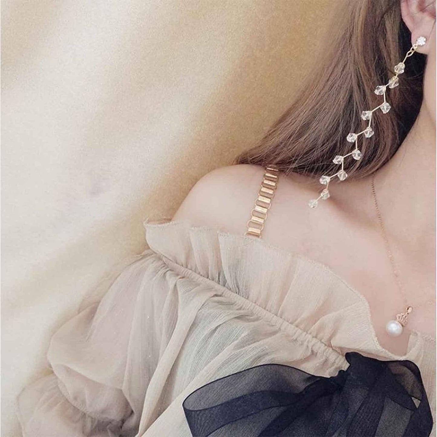 Boho Rhinestone Leaf Earrings Gold Crystal Drop Earring Long Chain Tassel Dangle Earrings Jewelry for Women and Girls Gifts