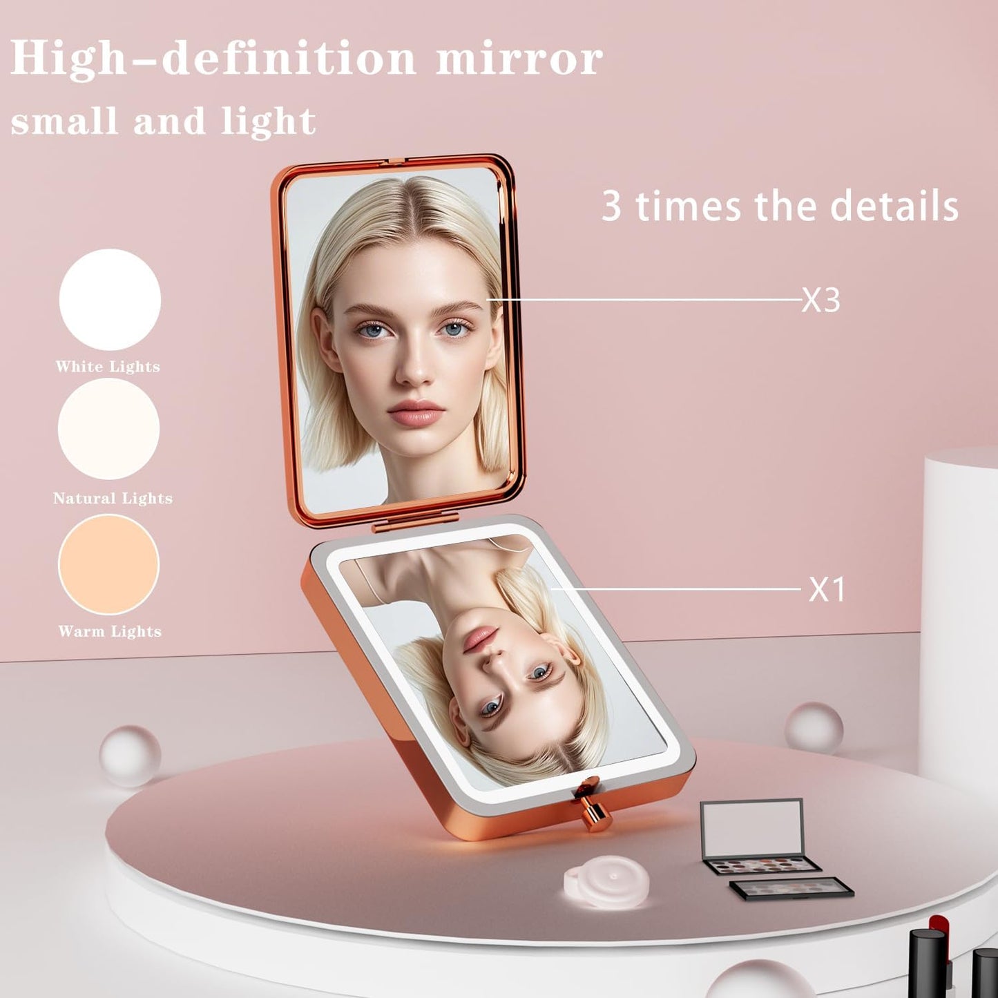 Vanity Mirror with Lights, 3X Magnifying LED Compact Travel Mirrors for Pocket,Purse, Double-Sided Foldable Handheld,Makeup Mirror with Lights, Gifts for Women, Stitch Accessory