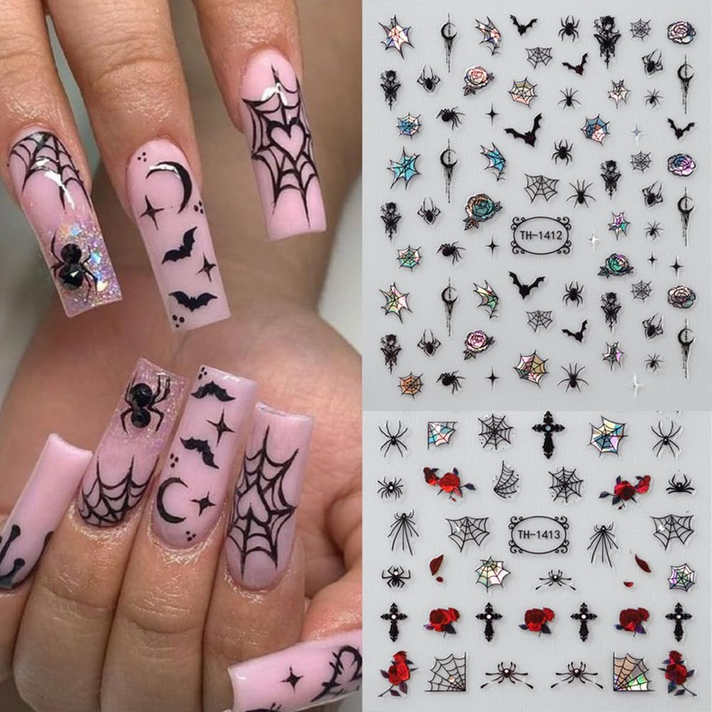 6 Sheets Halloween Nail Stickers Decals, 3D Spider Nail Sticker Decoration Self-Adhesive Colorful Red Rose Flowers Spider Web for Nails Stickers DIY Manicure Art Halloween Decoration