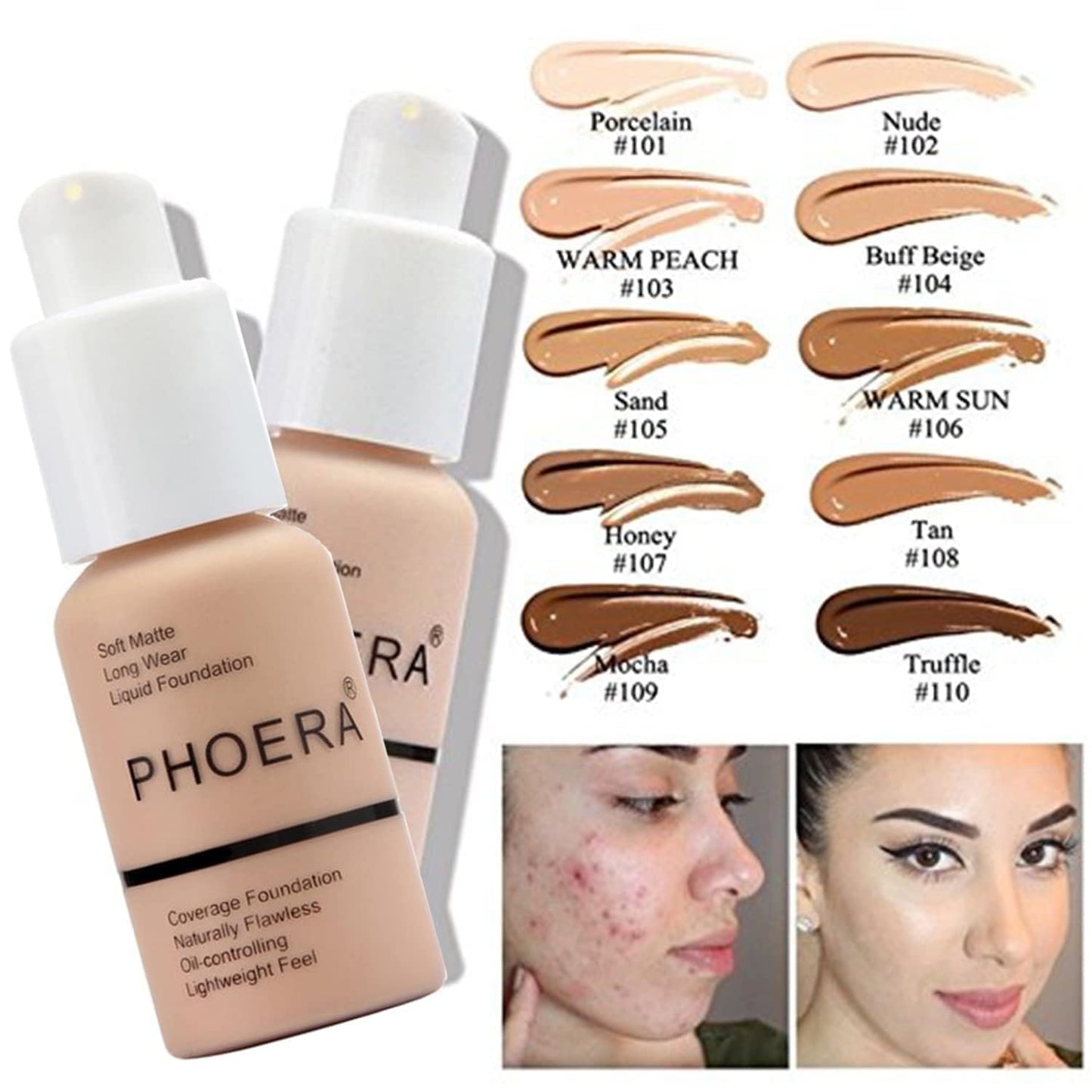 PHOERA Foundation, PHOERA Matte Liquid Foundation,PHOERA Makeup for Women, PHOERA Foundation Full Coverage Concealer, 30ml 24HR Matte Oil Control Concealer (105- Sand*2)