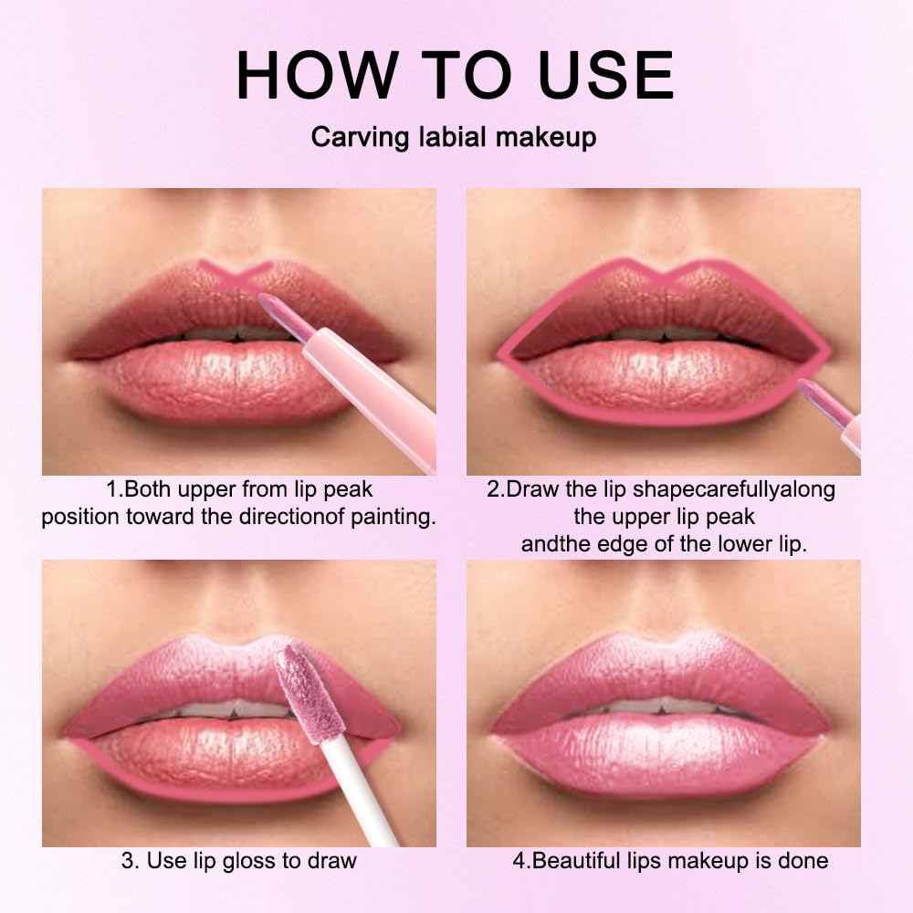 evpct Warm Pink Metallic Glitter Lip Liner and Lipstick Combo Set Long Lasting Waterproof, Metallic Shimmer Lip Gloss Stain Makeup for Women, Warm Pink Frosted Iridescent Glossy Liquid Lipstick 19