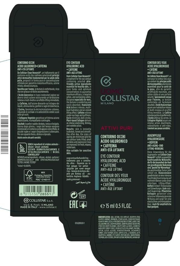 Collistar Uomo Attivi Puri Contorno Occhi Acido Ialuronico + Caffeina Anti-età Liftante, Eye Contour Hyaluronic Acid 15 ml, 0.5 Fl Oz Made in Italy [italian import]