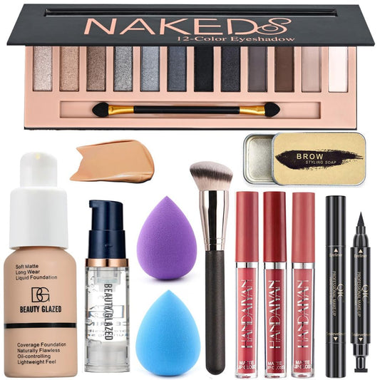 All in One Makeup Kit For Girls 12 Colors Naked Matte Eyeshadow Palette, Foundation Face Primer, Makeup Brush, Makeup Sponge, Eyebrow Soap Kit, Lipstick Set, Winged Eyeliner Stamp Makeup Set (SetE)