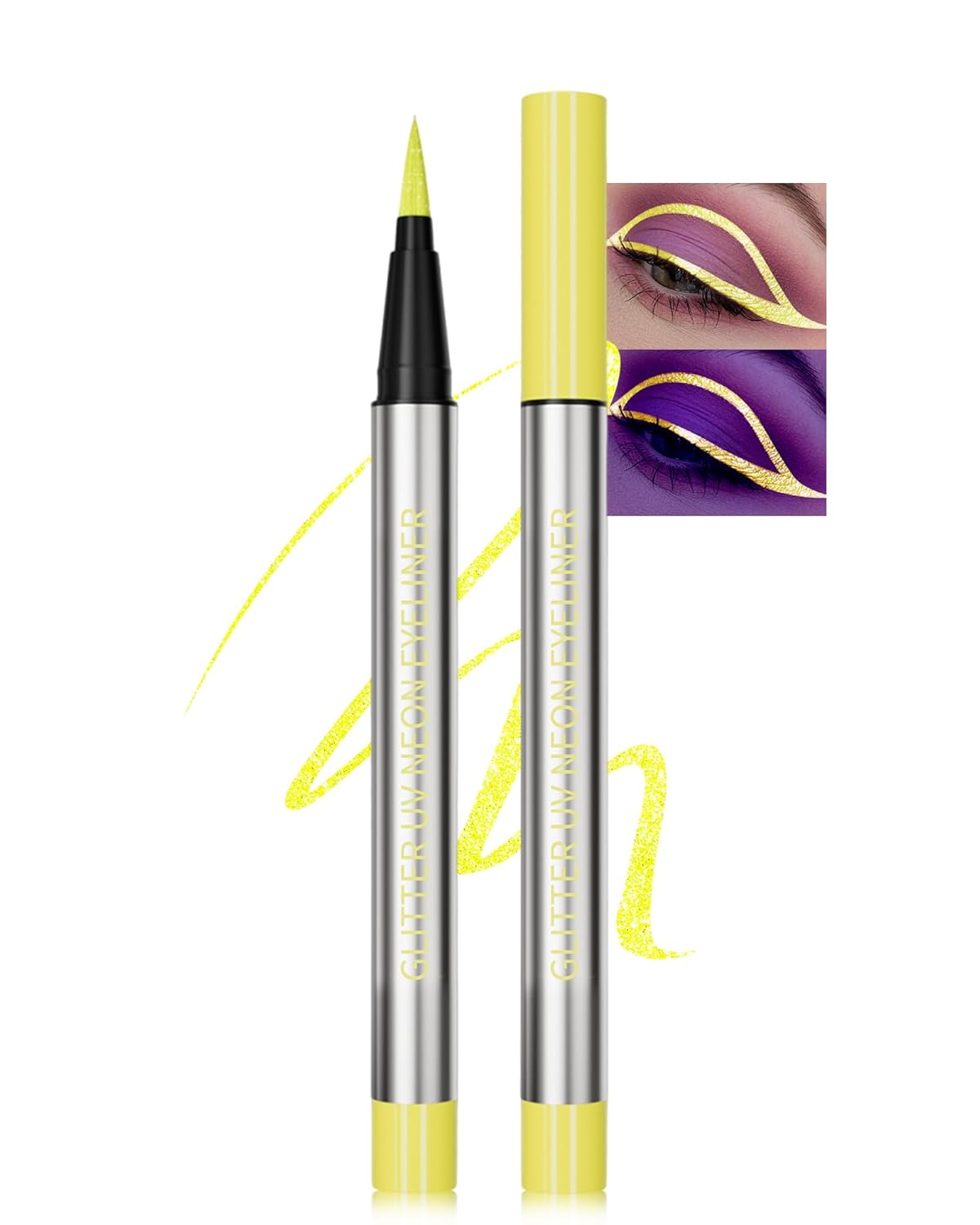 Glitter UV Neon Eyeliner Pencil, Waterproof Smudge-Proof Yellow Eye Liner Liquid Pen, High-Pigment Shimmer Eyeliner Pen Long-Lasting Colorful Professional Makeup,Halloween Rave Party Gift for Women-01