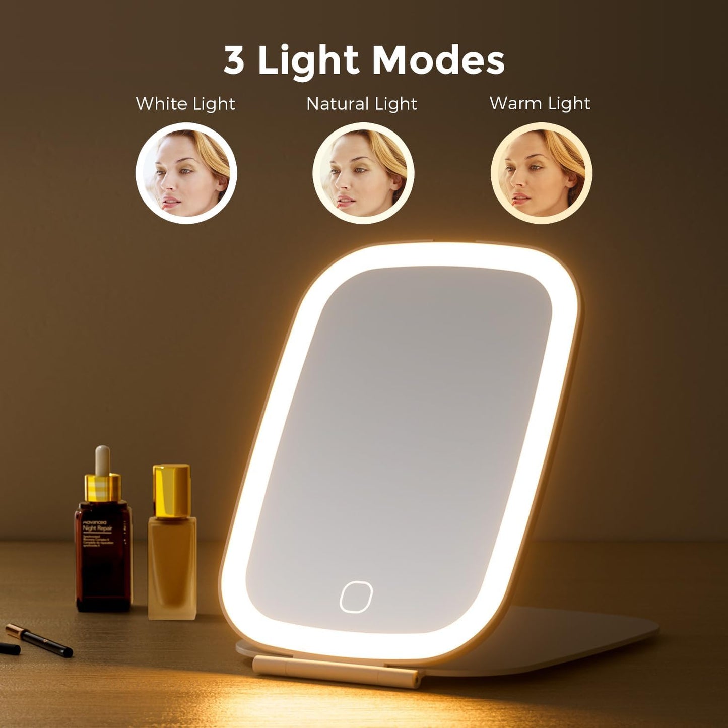 Travel Makeup Mirror, Rechargeable Portable Mirror with Lights, 3 Color Lighting, 7.5 inch Ultra Thin and Lightweight LED Folding Vanity Mirror