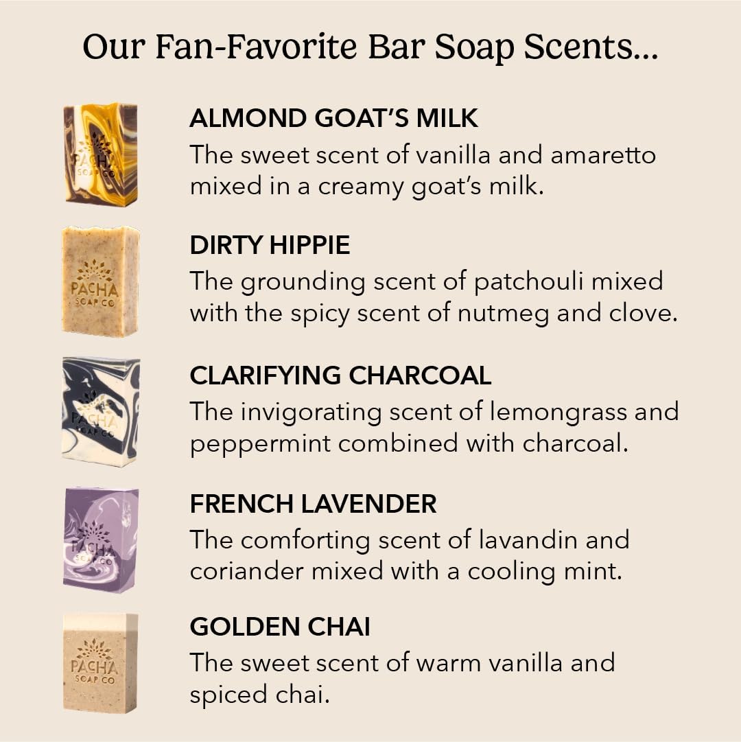 Pacha Soap Co. Bar Soap, Fan Favorites, 5-Pack (4 oz ea) - Almond Goat’s Milk, Dirty Hippie, Charcoal, French Lavender, & Golden Chai - Premium, Handcrafted, Hydrating, Soothing Essential Oils