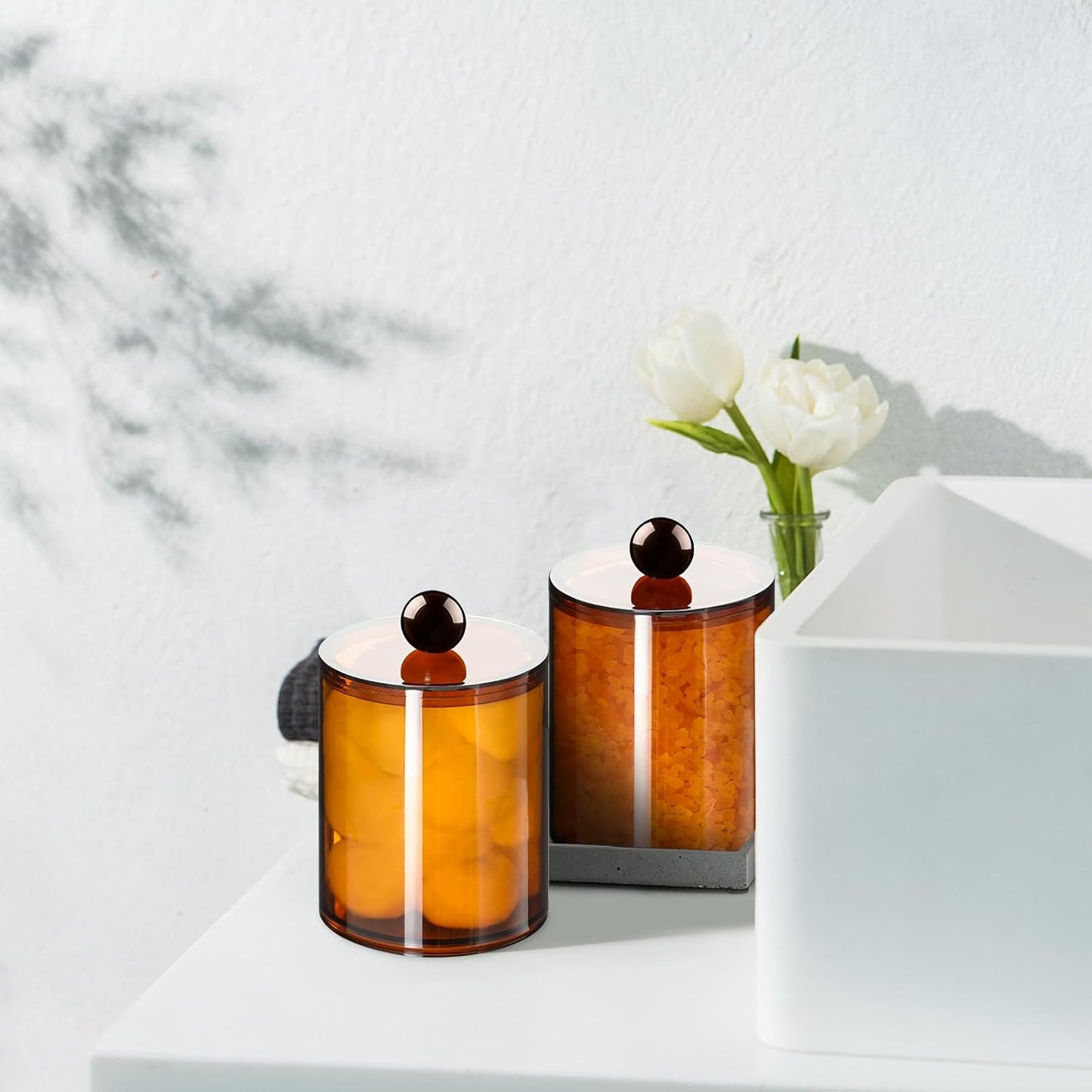 2 Pack Qtip Holder,Canister Apothecary Jar Set, Bathroom Jars with Lids Set for Cotton Swabs, Balls, Pads, Floss Picks,10oz-12oz Plastic Canisters Restroom Bedroom Vanity Organizer(Brown)