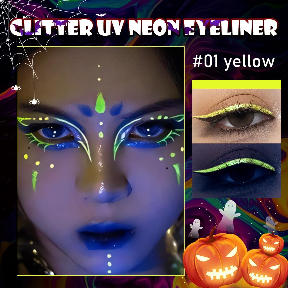 evpct Yellow Shimmer Eyeliner UV Neon Gel Eyeliner Pencil Makeup, Rainbow Halloween Colored Colorful Gel Eye Liner Pen Glow in Dark Makeup, Long Lasting Waterproof Eyeliners for Face Body Painting