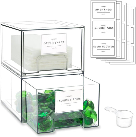 2 Pack Laundry Room Organization Storage Drawers with Labels, Clear Stackable Dryer Sheet Holder and Pod Containers, Detergent Dispenser for Laundry Room Organizing and Decor